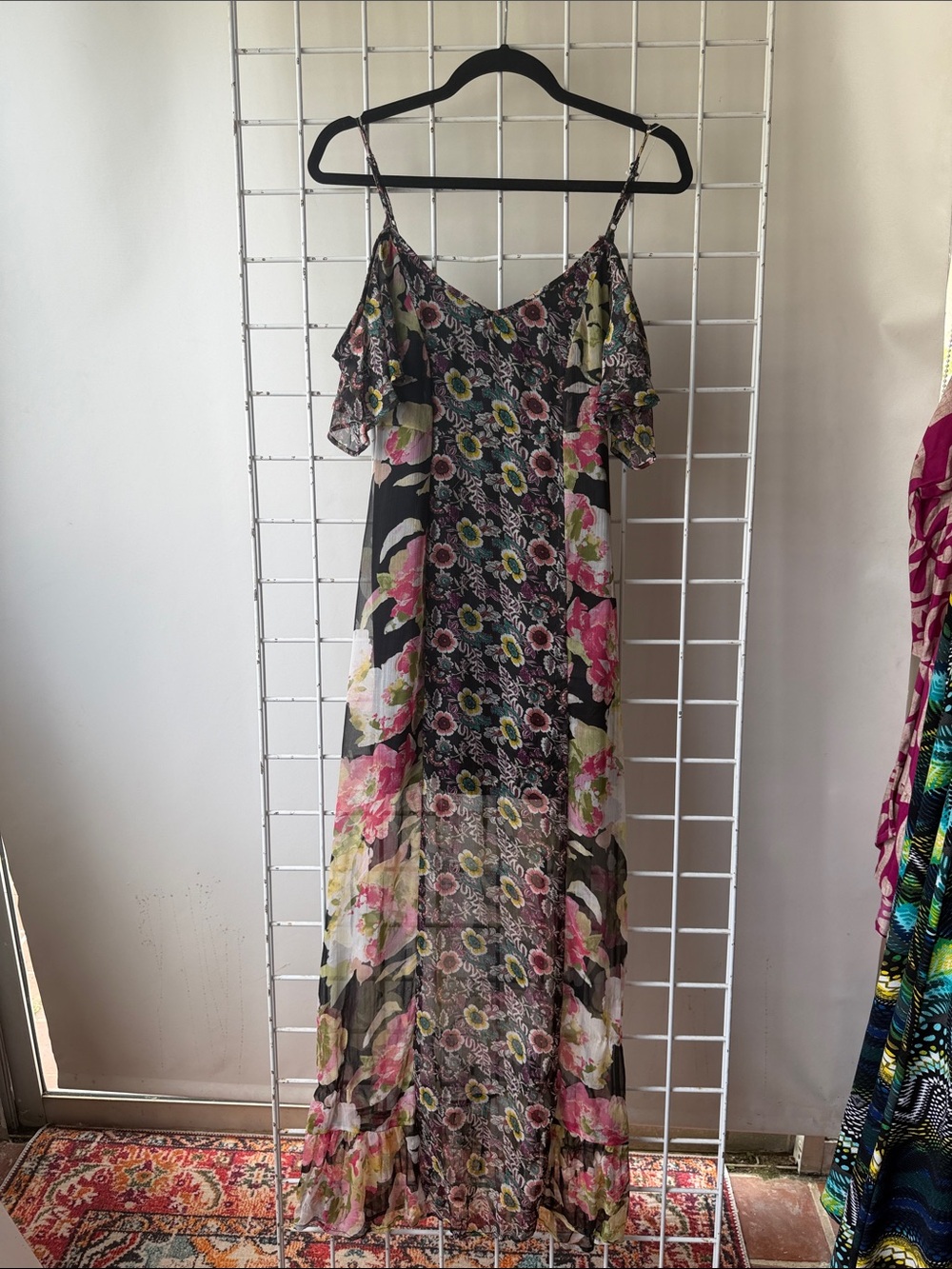 Floral Cold-Shoulder Maxi Boho Hippie Dress - Black with Pink & Green Size XS
